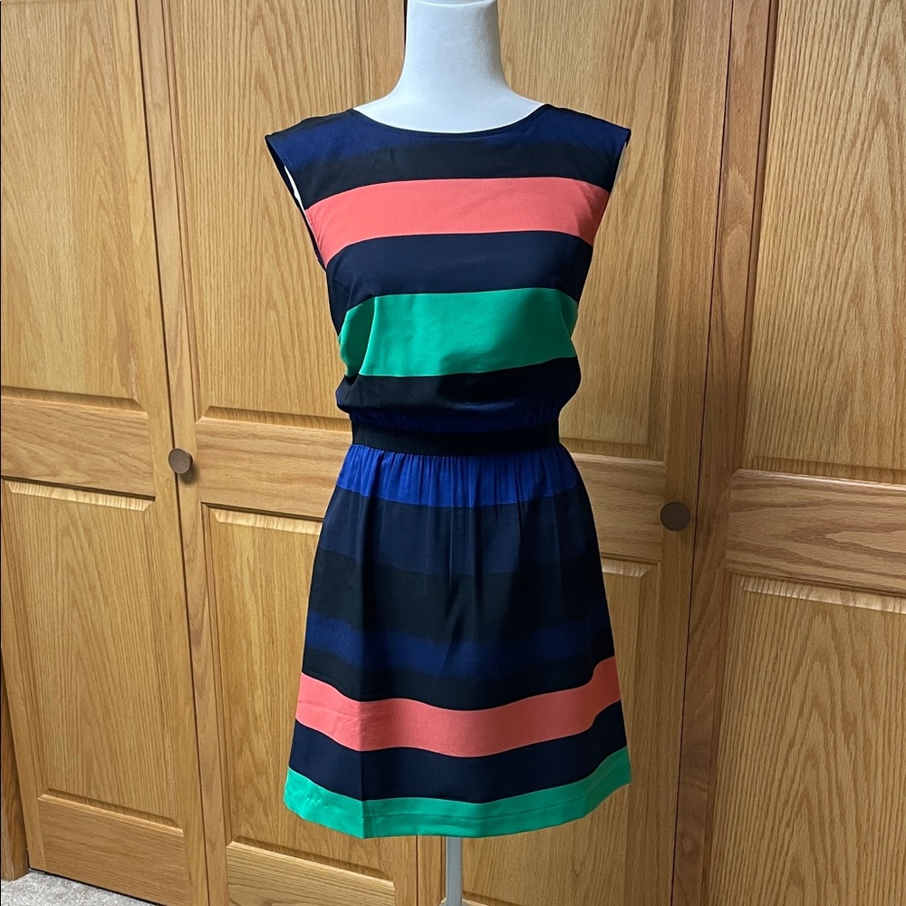 LOFT Navy Dress with Coral and Green Stripes